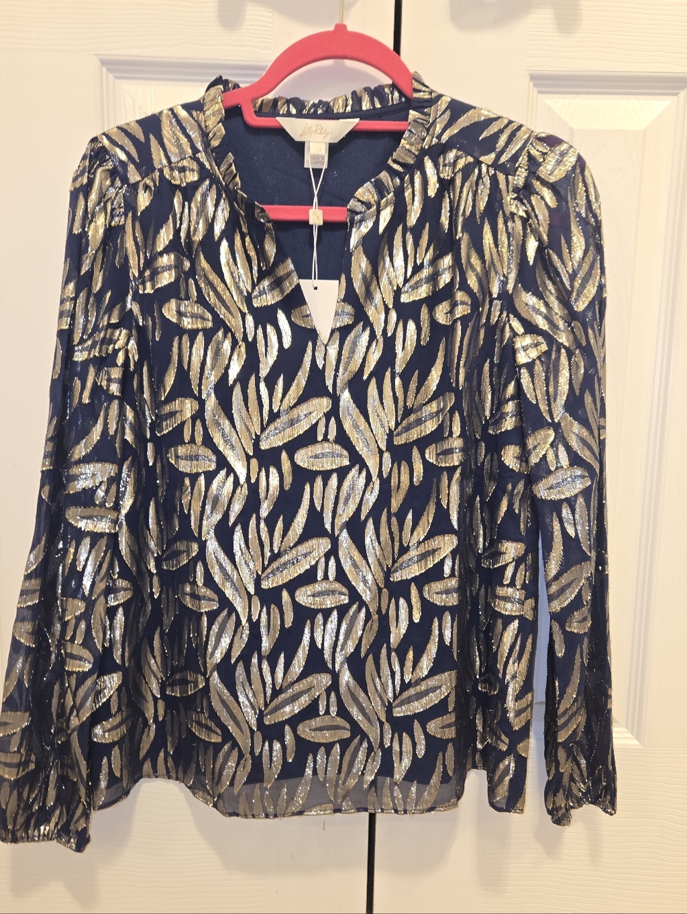 Lilly Pulitzer Navy Blouse with Gold Leaf Metallic Print